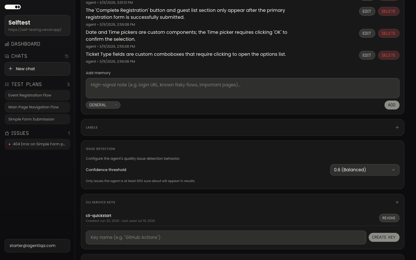 The CLI Service Keys section in Agentiqa project settings