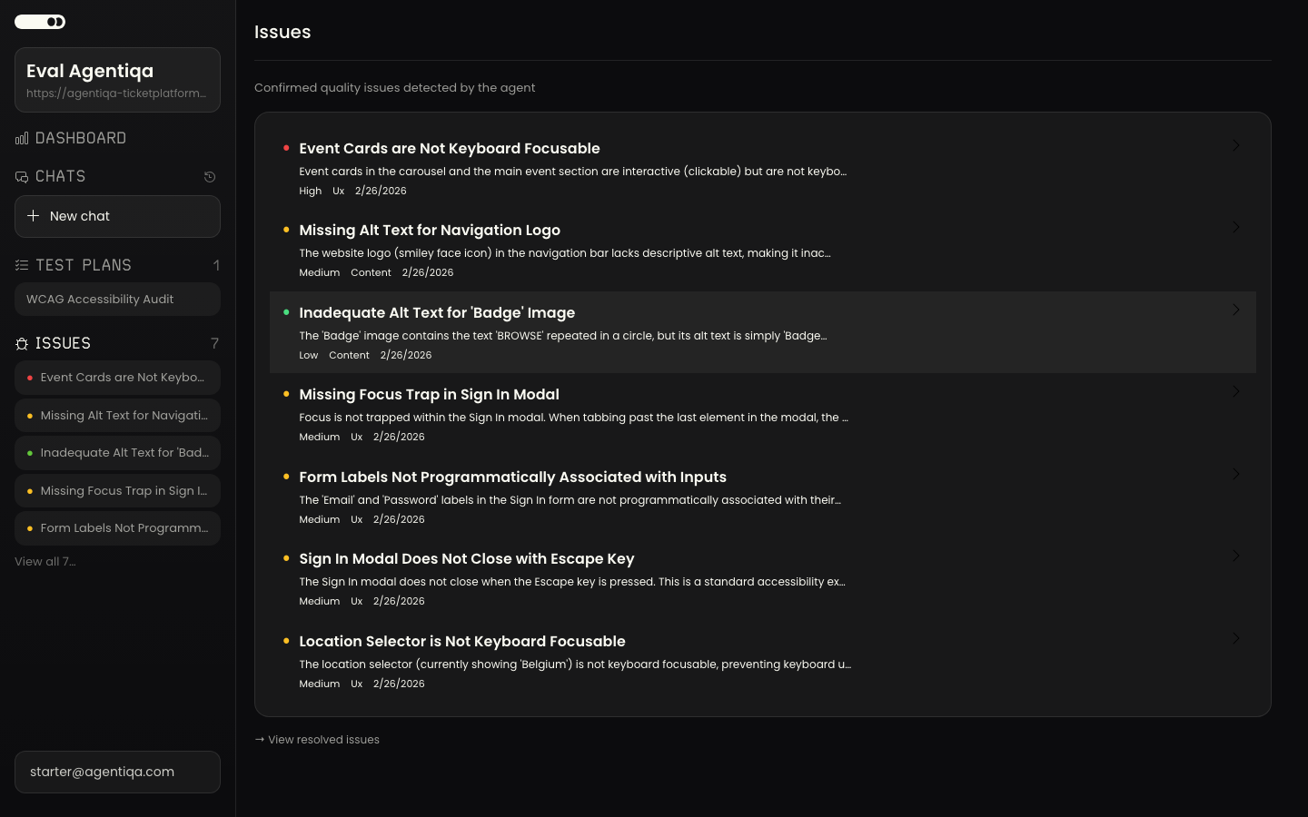 The Agentiqa issues list
