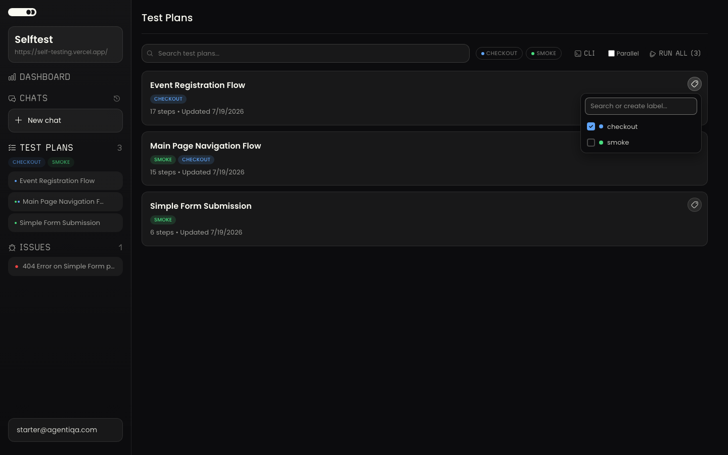 The label picker open on a test plan in Agentiqa