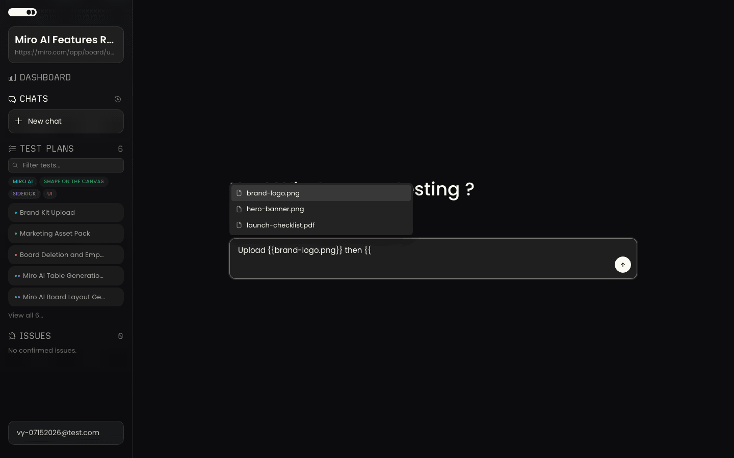 The Agentiqa chat composer with the file-tag autocomplete open