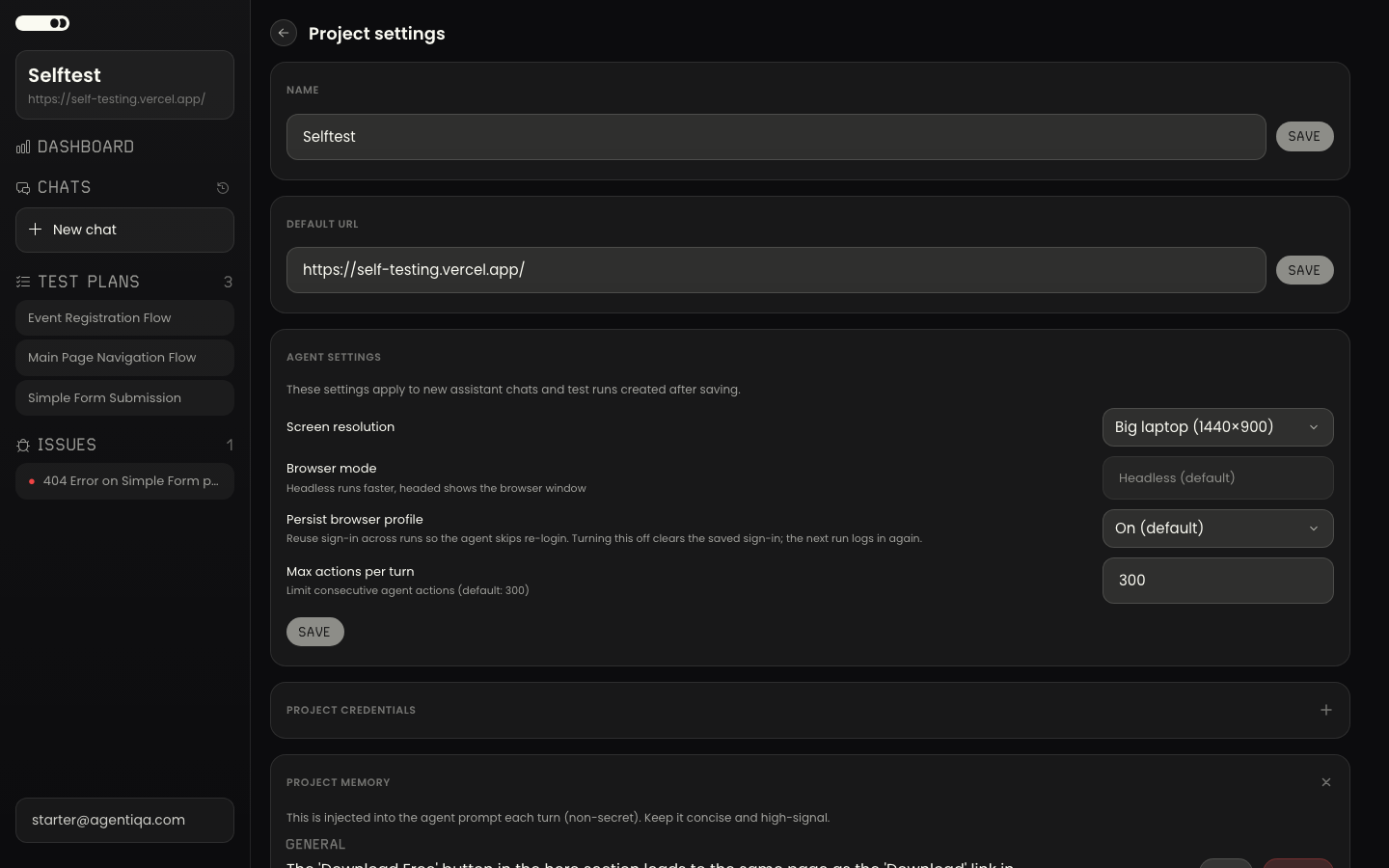 Agentiqa project settings