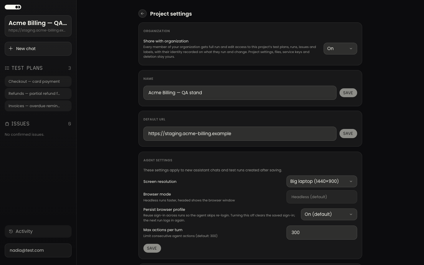 Project settings with the Organization section and the Share with organization control set to On
